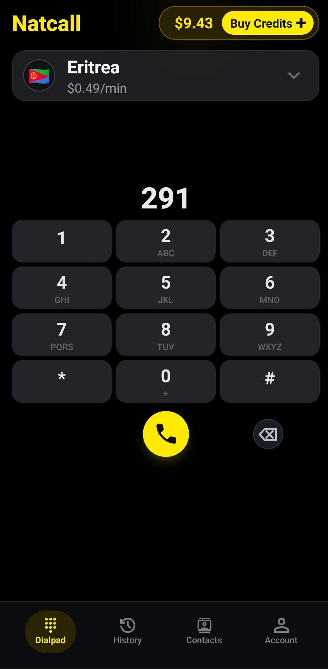 Natcall mobile app dialpad screen